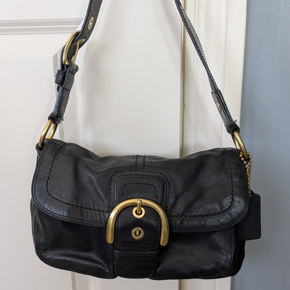 Coach Black Leather Shoulder Bag with Gold-Tone Buckle